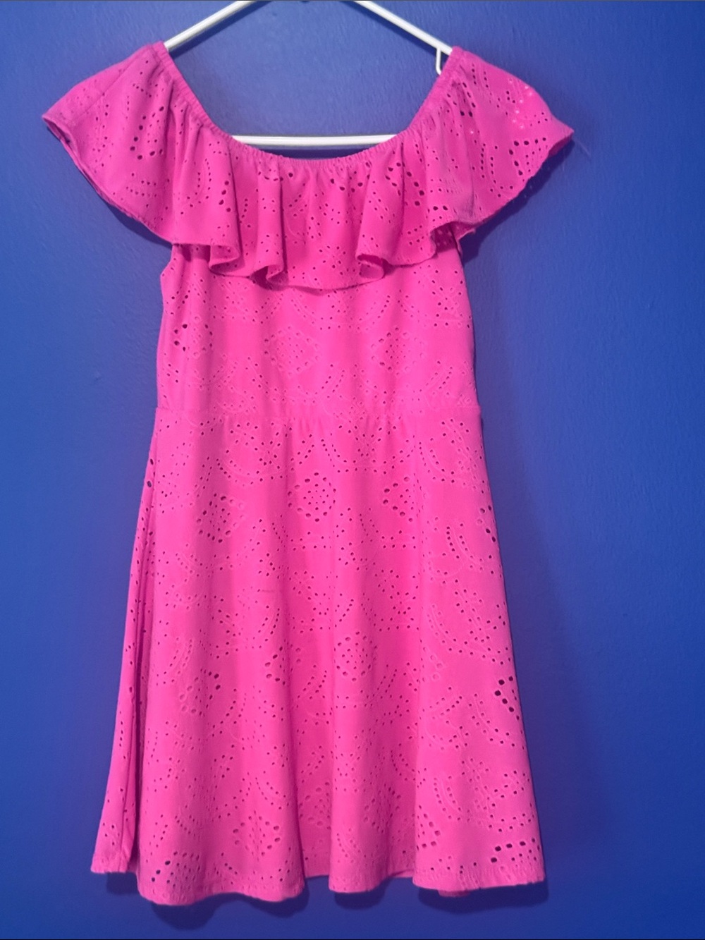 Girls' Hot Pink Eyelet Off-Shoulder Ruffle Dress